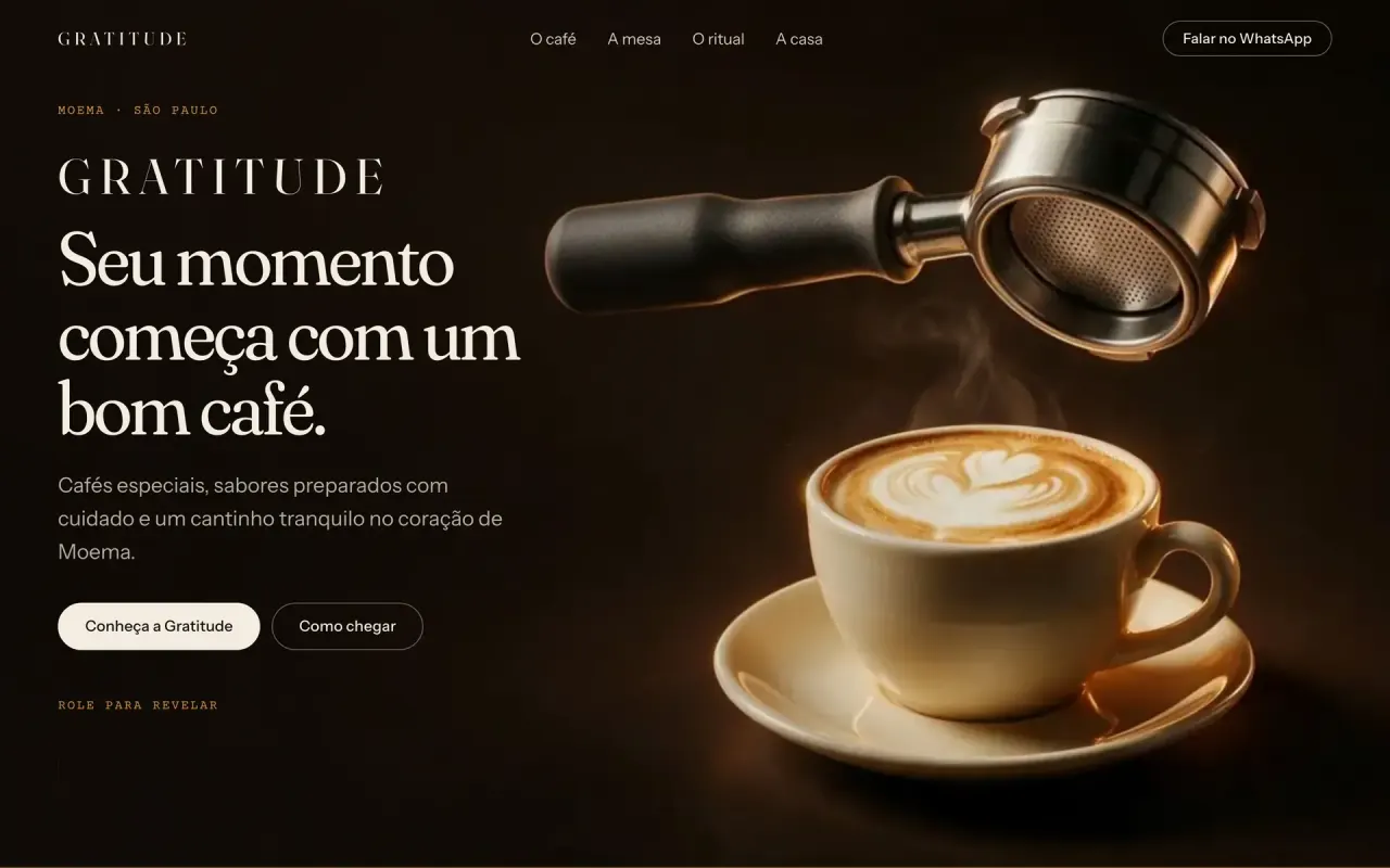 Website da cafeteria Gratitude, projeto de identidade visual e experiência responsiva da Personly Digital