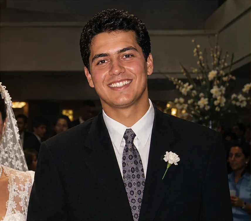 A mesma fotografia de casamento depois da ampliação, em 4K, com o rosto nítido e o tecido do terno definido