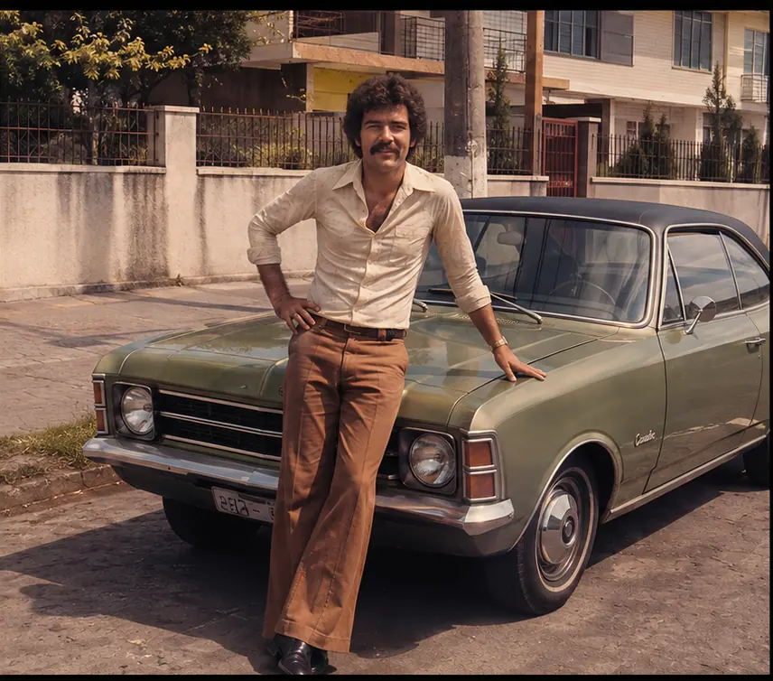 A mesma fotografia antiga de um homem ao lado de um carro, depois da ampliação, em 4K e com detalhe recuperado