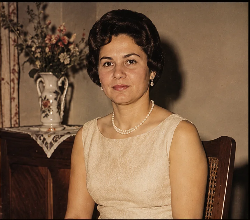 A mesma fotografia de retrato antigo depois da ampliação, em 4K, com traços do rosto e detalhes do vestido definidos