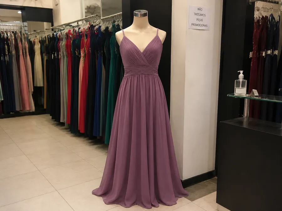 Vestido longo lilás exposto em um manequim dentro de uma loja de roupas, fotografado sob a luz do próprio ambiente